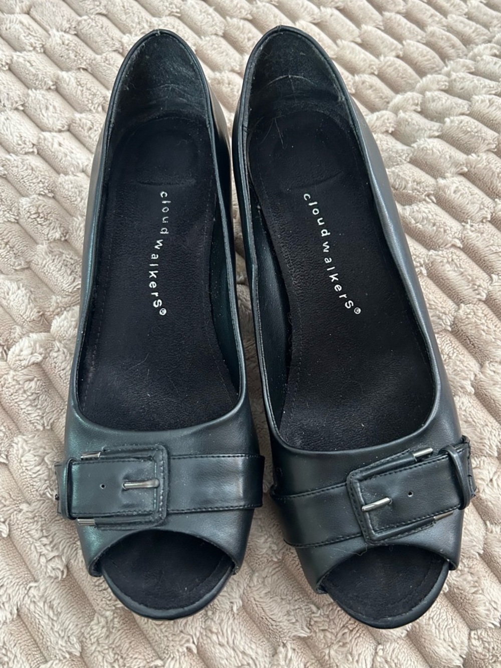 Cloudwalkers Black Peep-Toe Buckle Flats